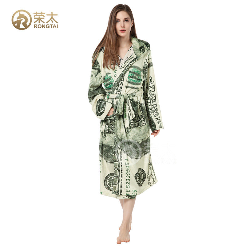 Wholesale US Dollar Printed Couple Hooded Flannel Bathrobe Personalized Pajamas